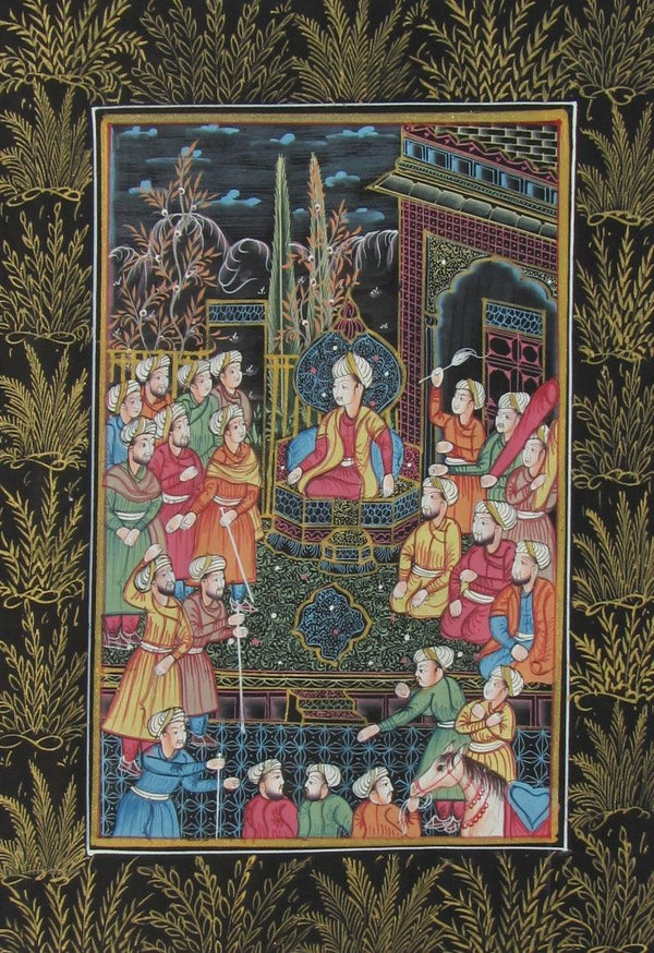 Figurative mughal traditional art titled 'Mughal Court', 12x9 inches, by artist E Craft on Silk