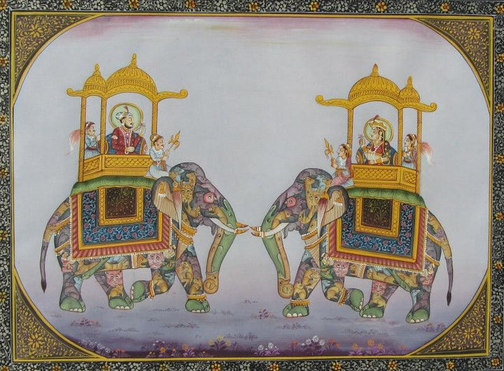 Animals mughal traditional art titled 'Mughal Elephants 2', 11x15 inches, by artist E Craft on Silk