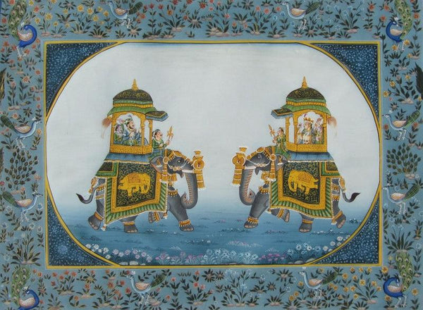 Animals mughal traditional art titled 'Mughal Elephants 3', 11x15 inches, by artist E Craft on Silk