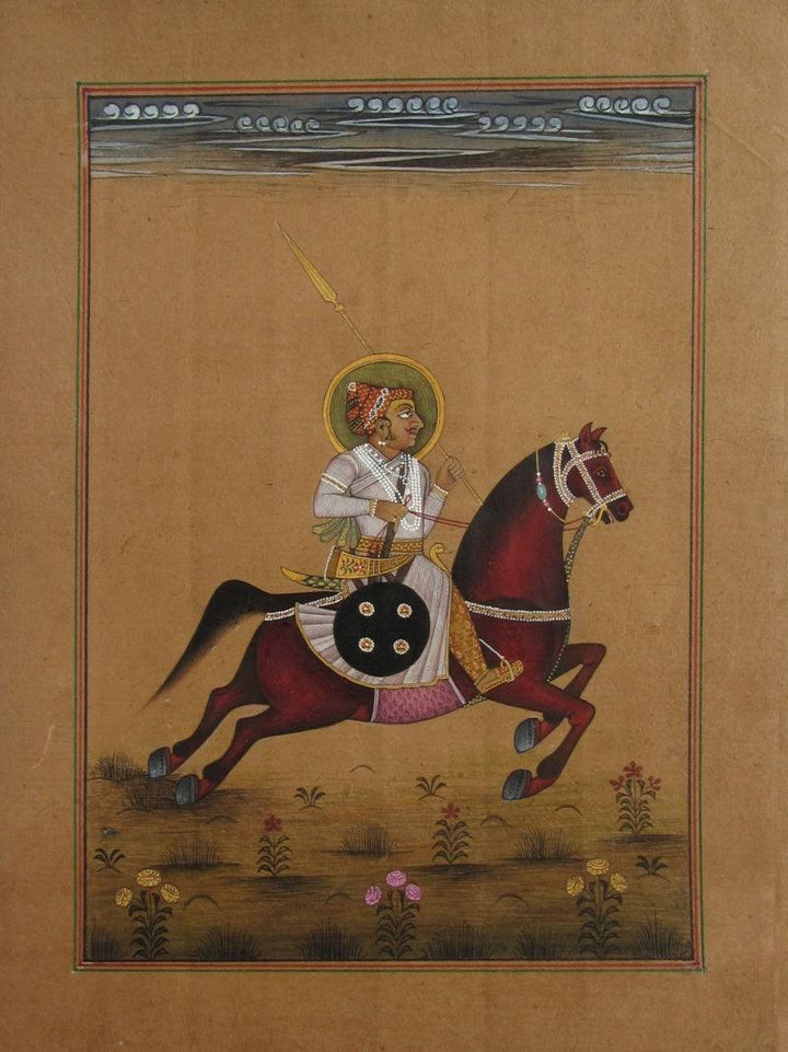 Figurative mughal traditional art titled 'Mughal Emperor On Horse', 9x7 inches, by artist Unknown on Paper