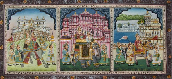 Figurative mughal traditional art titled 'Mughal King', 5x11 inches, by artist E Craft on Silk