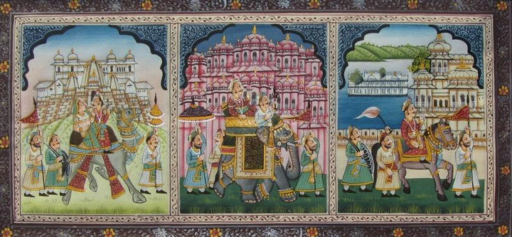 Figurative mughal traditional art titled 'Mughal King', 5x11 inches, by artist E Craft on Silk