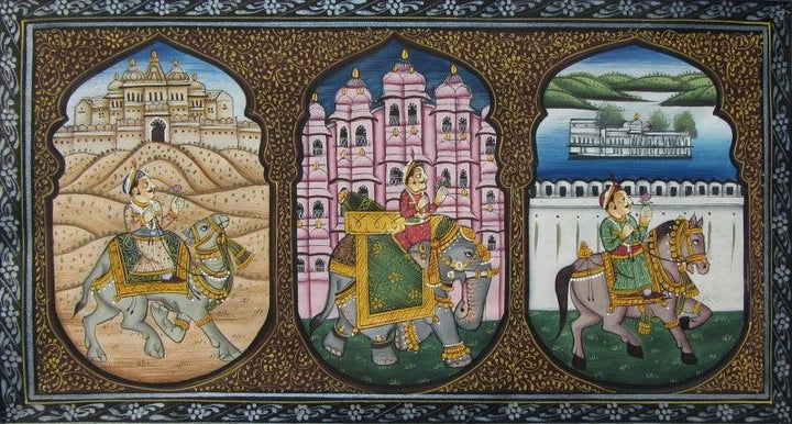 Figurative mughal traditional art titled 'Mughal King On Animals 1', 5x10 inches, by artist E Craft on Silk