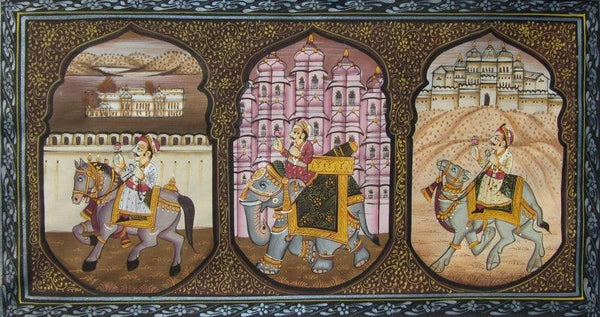 Figurative mughal traditional art titled 'Mughal King On Animals 2', 5x10 inches, by artist E Craft on Silk