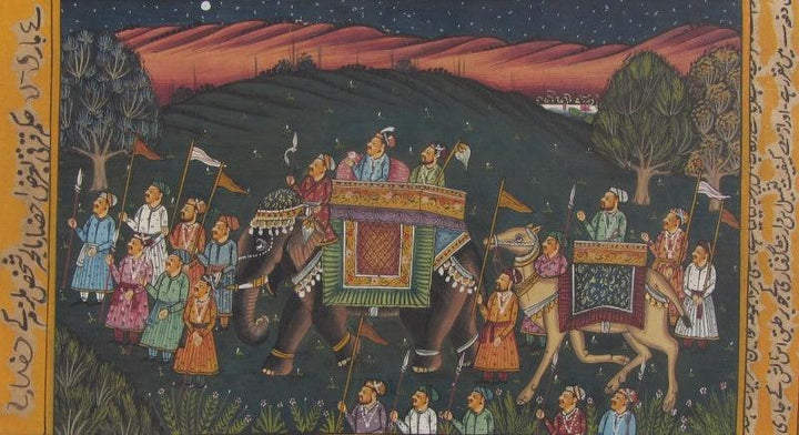 Figurative mughal traditional art titled 'Mughal King With His Convoy', 6x10 inches, by artist Unknown on Paper