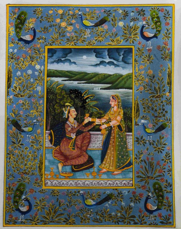 Figurative mughal traditional art titled 'Mughal King With Queen', 12x9 inches, by artist Unknown on Silk