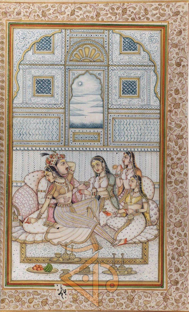 Folk Art miniature traditional art titled 'Mughal king with queens 1', 10x7 inches, by artist Kalaviti Arts on Antique Paper