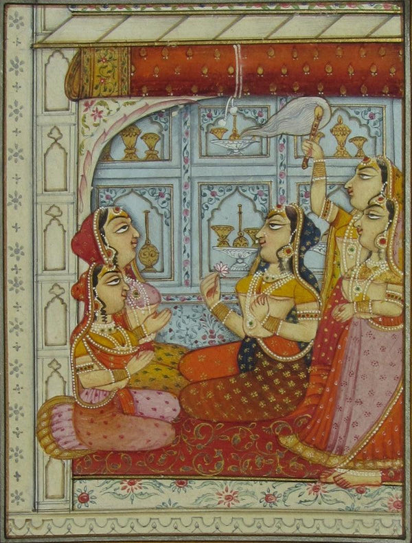 Figurative mughal traditional art titled 'Mughal Princess At Palace', 5x4 inches, by artist Unknown on Paper