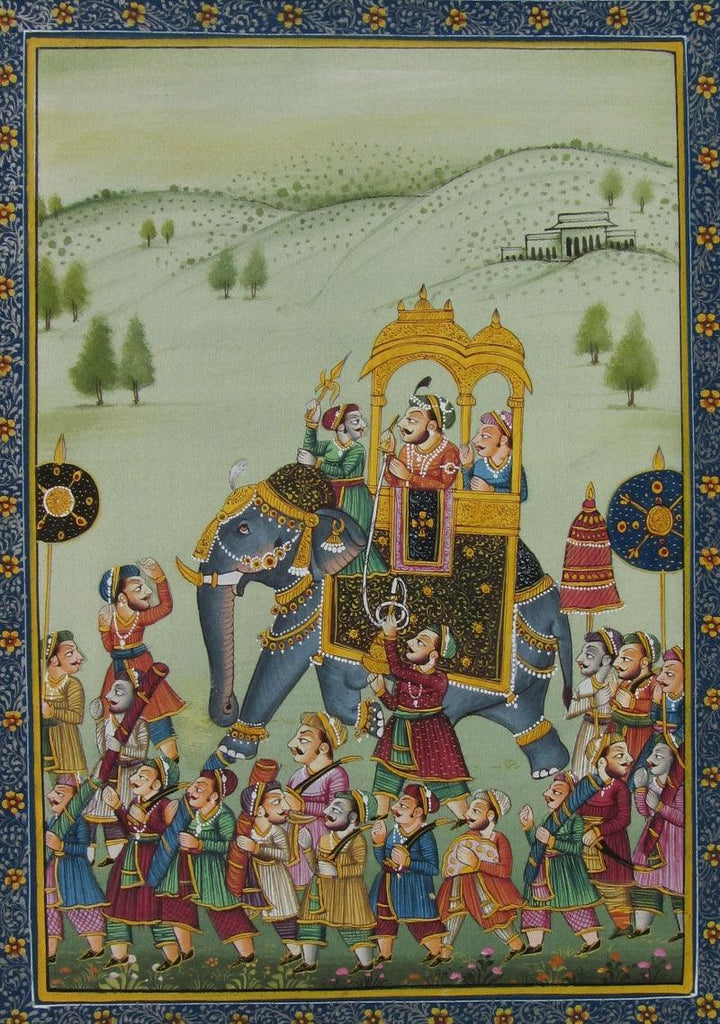 Figurative mughal traditional art titled 'Mughal Procession', 8x11 inches, by artist E Craft on Silk