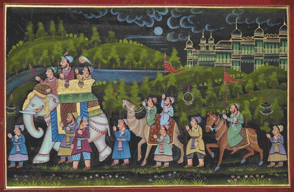 Figurative mughal traditional art titled 'Mughal Procession With Camel And Horse', 11x16 inches, by artist Unknown on Silk