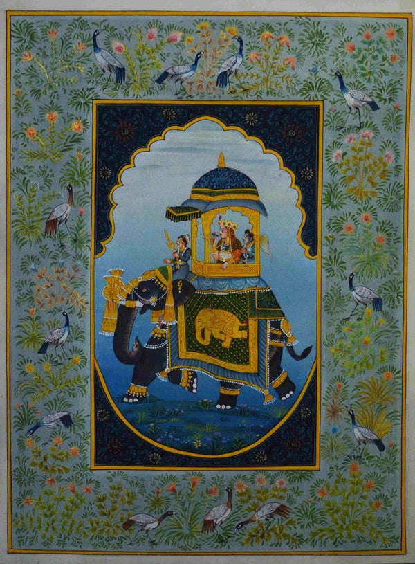 Figurative mughal traditional art titled 'Mughal Queen On Ambari 1', 12x9 inches, by artist Unknown on Silk