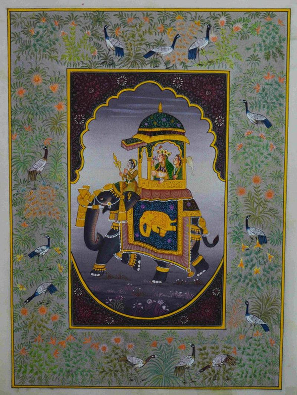 Figurative mughal traditional art titled 'Mughal Queen On Ambari 2', 12x9 inches, by artist Unknown on Silk