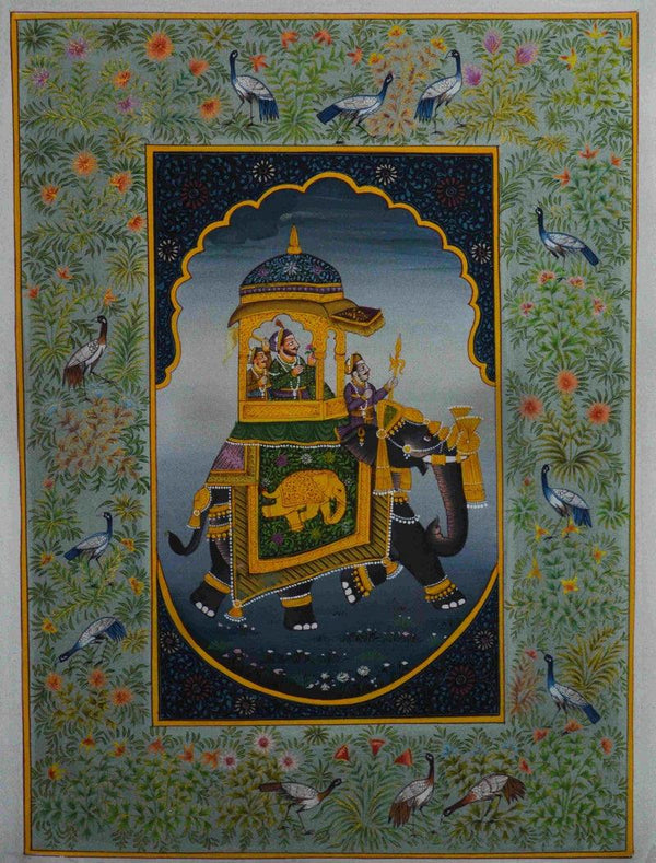 Figurative mughal traditional art titled 'Mughal Queen On Ambari 3', 12x9 inches, by artist Unknown on Silk