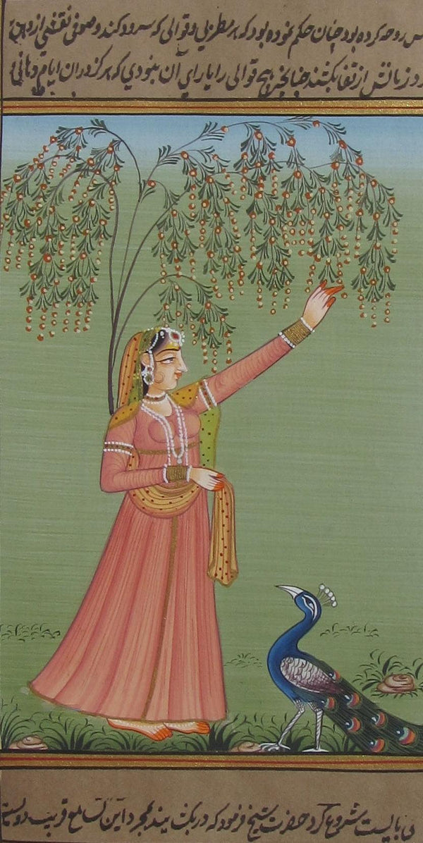 Figurative mughal traditional art titled 'Mughal Queen With Peacock 1', 9x6 inches, by artist Unknown on Paper