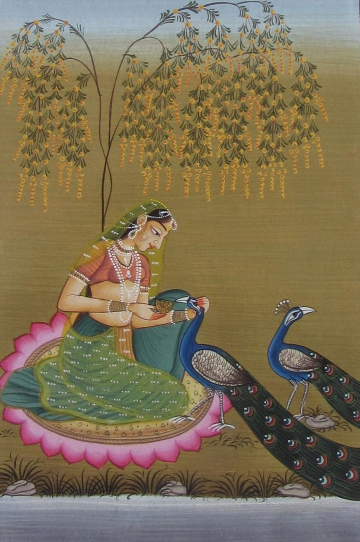 Figurative mughal traditional art titled 'Mughal Queen With Peacock 2', 8x6 inches, by artist Unknown on Paper