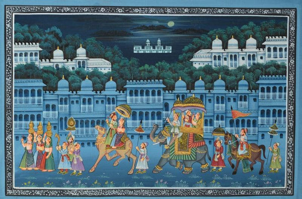 Figurative mughal traditional art titled 'Mughal Royal Procession At Night With Mo', 10x14 inches, by artist Unknown on Silk