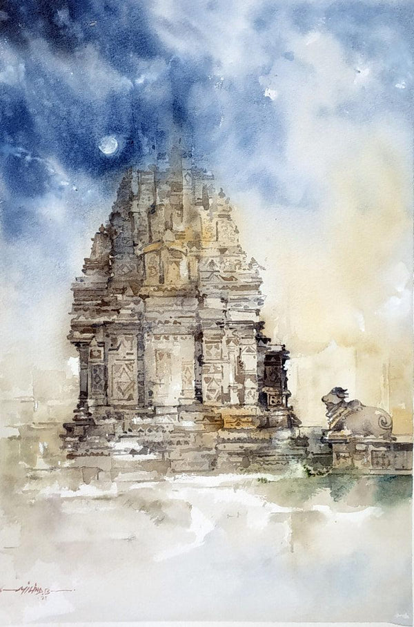 Religious watercolor painting titled 'Mukteshwar Mahadev Temple Sinnar India', 21x14 inches, by artist Milind Bhanji on Paper