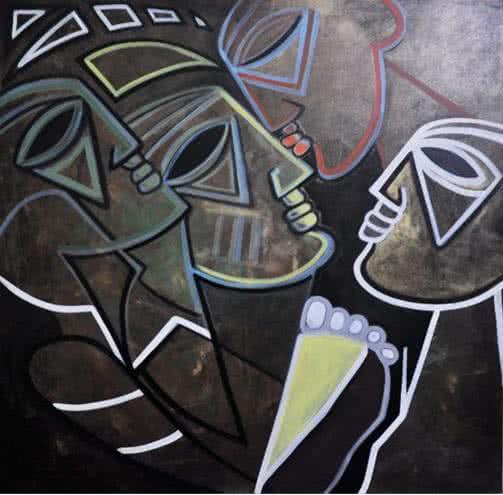 Figurative acrylic painting titled 'Multiples Faces I', 40x40 inches, by artist Kapil Kumar on Canvas