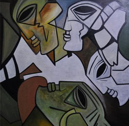 Figurative acrylic painting titled 'Multiples Faces II', 40x40 inches, by artist Kapil Kumar on Canvas