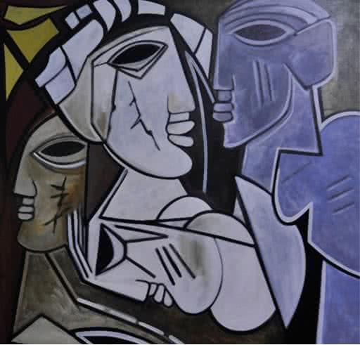 Figurative acrylic painting titled 'Multiples Faces III', 40x40 inches, by artist Kapil Kumar on Canvas