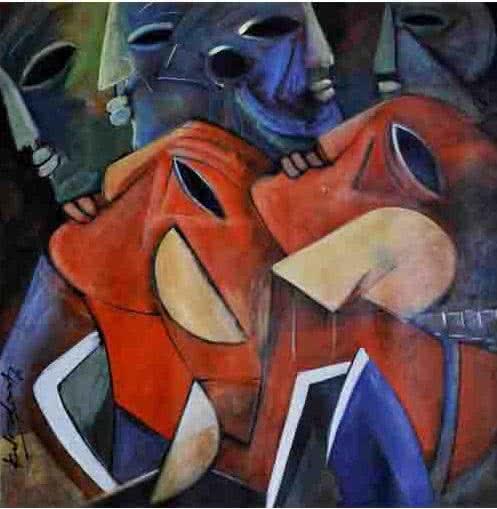 Figurative acrylic painting titled 'Multiples Faces IV', 24x24 inches, by artist Kapil Kumar on Canvas