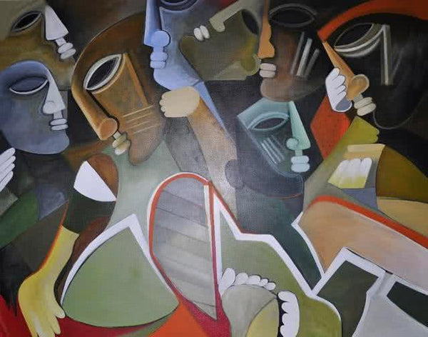 Figurative acrylic painting titled 'Multiples Faces VI', 48x60 inches, by artist Kapil Kumar on Canvas