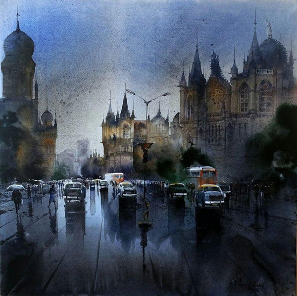 Cityscape acrylic painting titled 'Mumbai After Shower', 46x46 inches, by artist Bhuwan Silhare on Canvas