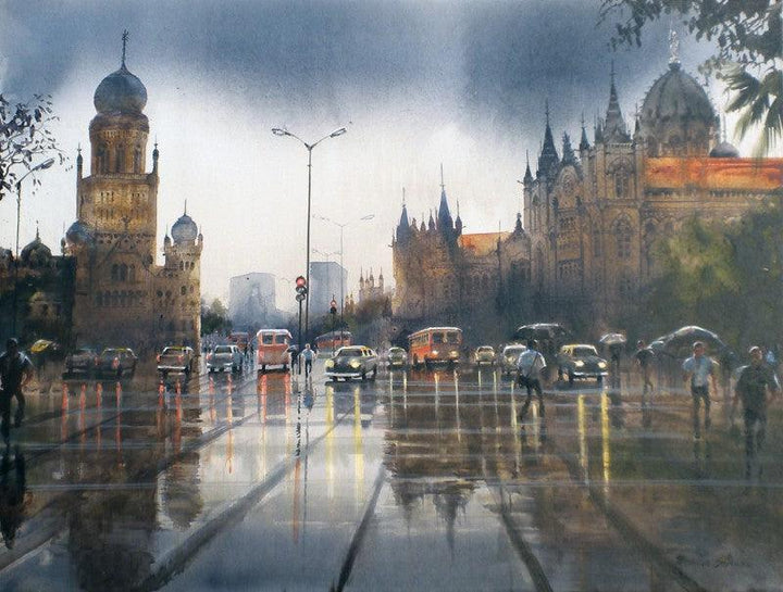 Cityscape acrylic painting titled 'Mumbai After Shower I', 36x48 inches, by artist Bhuwan Silhare on Canvas