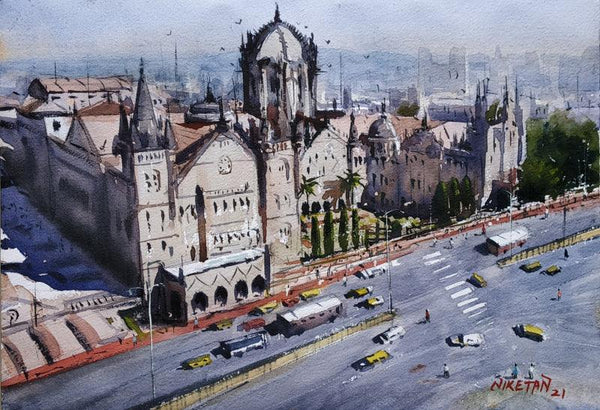 Cityscape watercolor painting titled 'Mumbai CSMT Series', 12x8 inches, by artist Niketan Bhalerao on Paper