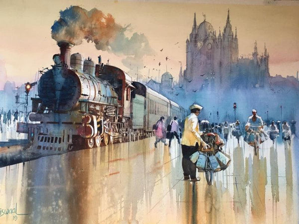 Fantasy watercolor painting titled 'Mumbai Dabbawala 1', 22x30 inches, by artist Bijay Biswaal on Paper