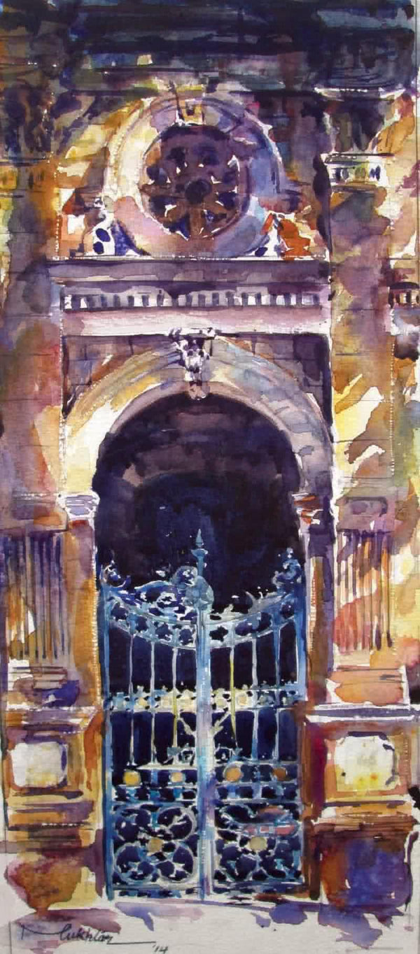 Cityscape watercolor painting titled 'Mumbai Gate', 7x16 inches, by artist Mukhtar Kazi on Paper