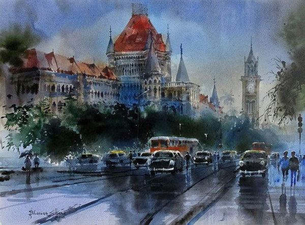 Cityscape acrylic painting titled 'Mumbai High Court and University', 36x42 inches, by artist Bhuwan Silhare on Canvas