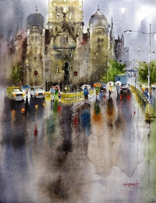 Cityscape watercolor painting titled 'Mumbai In Rain', 30x22 inches, by artist Sanjay Dhawale on paper