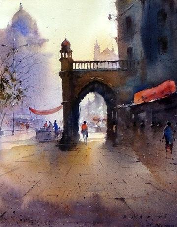 Cityscape watercolor painting titled 'Mumbai Morning', 12x9 inches, by artist Nilesh Bharti on Paper