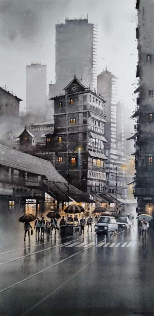 Cityscape watercolor painting titled 'Mumbai Rain 2', 20x14 inches, by artist NanaSaheb Yeole on Paper