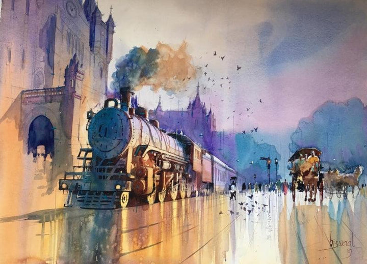 Fantasy watercolor painting titled 'Mumbai Retro', 22x30 inches, by artist Bijay Biswaal on Paper