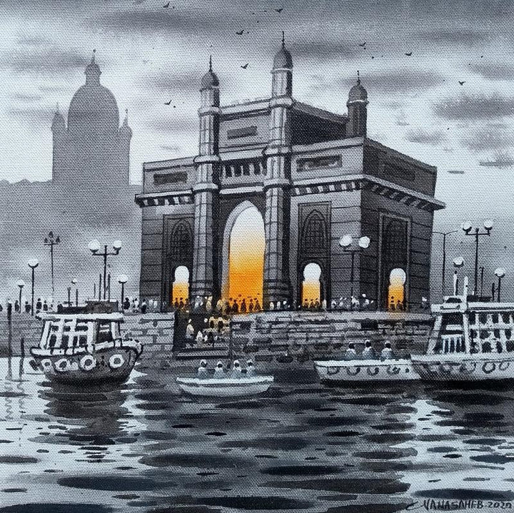 Cityscape acrylic painting titled 'Mumbai Series 12', 12x12 inches, by artist NanaSaheb Yeole on Canvas