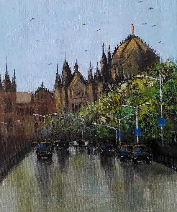 Cityscape acrylic painting titled 'Mumbai Series 5', 13x11 inches, by artist Sandeep Ghule on Canvas