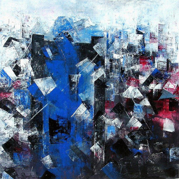 Abstract acrylic painting titled 'Mumbai Shanty Dwelling Under The Bridge', 24x24 inches, by artist M Singh on Canvas