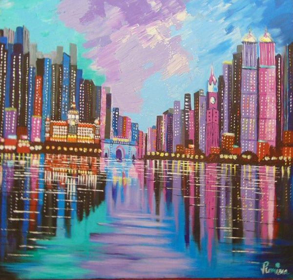 Cityscape acrylic painting titled 'Mumbai Skyline', 36x36 inches, by artist Purnima Gupta on Canvas