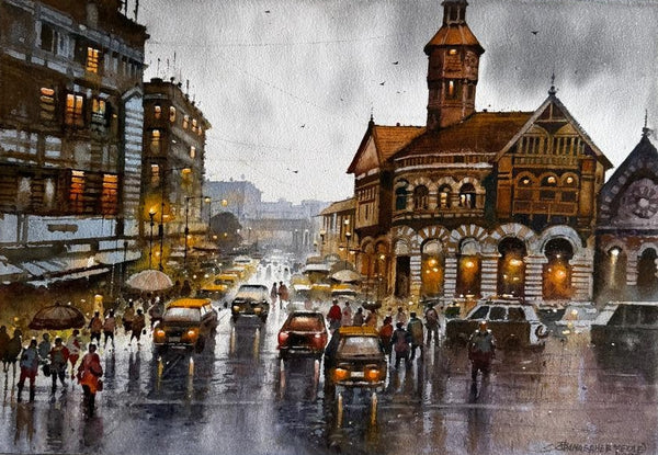 Cityscape watercolor painting titled 'Mumbai Street', 14x20 inch, by artist Nanasaheb Yeole on Paper