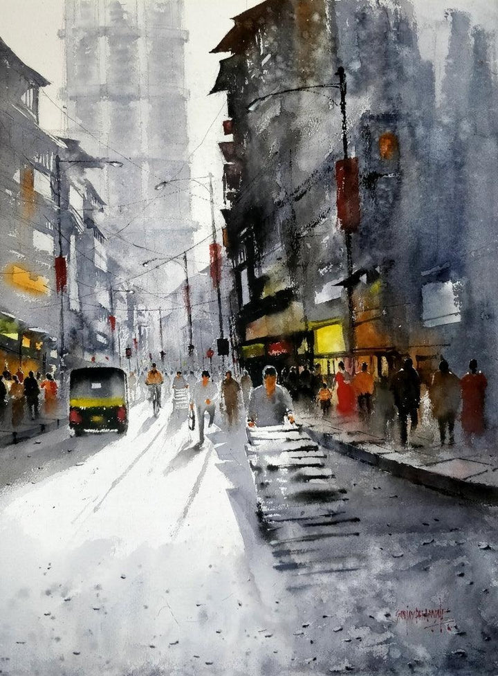 Landscape watercolor painting titled 'Mumbai Street', 30x22 inches, by artist Sanjay Dhawale on Handmade Paper