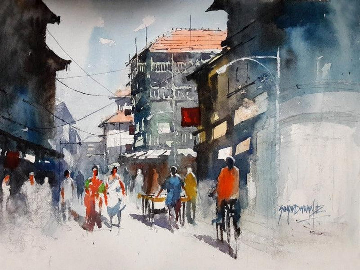 Landscape watercolor painting titled 'Mumbai Stret', 10x14 inches, by artist Sanjay Dhawale on Handmade Paper