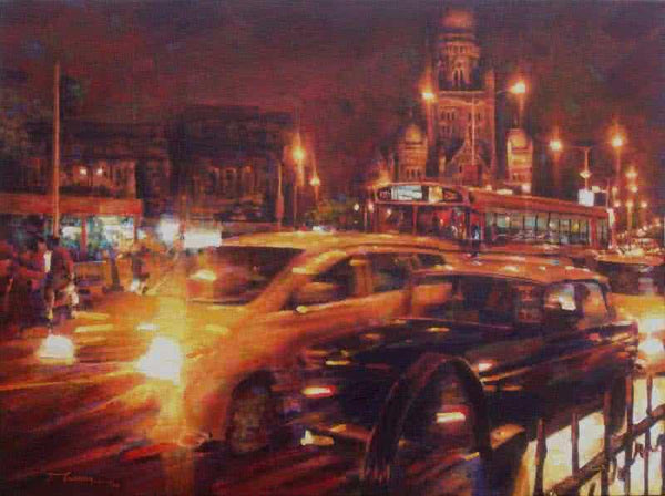 Cityscape acrylic painting titled 'Mumbai Traffic', 30x40 inches, by artist Mukhtar Kazi on Canvas