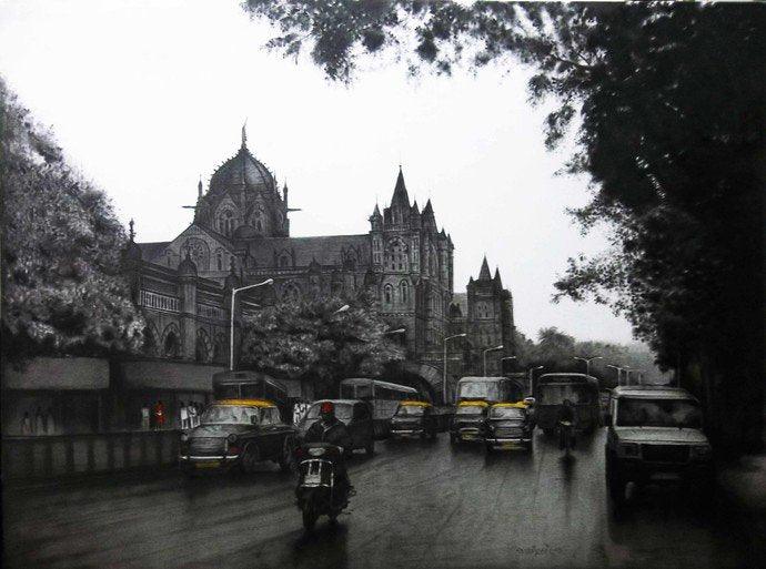 Cityscape charcoal drawing titled 'Mumbai VT', 48x36 inches, by artist Yuvraj Patil on Canvas