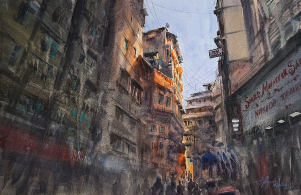 Cityscape watercolor painting titled 'Mumbai Zaveri Bazaar', 15x22 inch, by artist Achintya Hazra on Paper