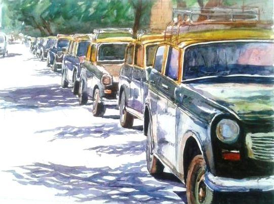 Cityscape watercolor painting titled 'Mumbaitaxi', 17x14 inches, by artist Chetan Agrawal on Handmade Paper