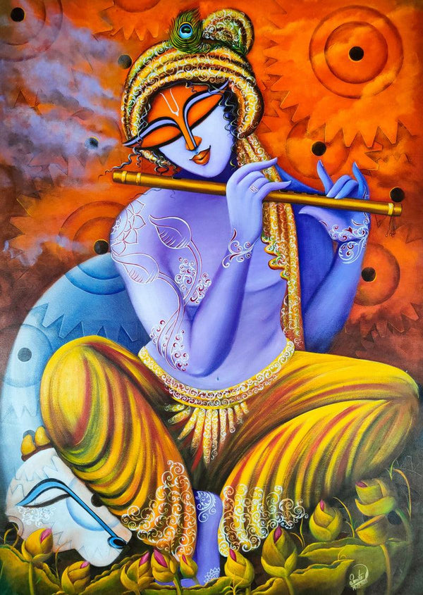 Religious acrylic painting titled 'Muralidhar 1', 48x32 inches, by artist Susmita Mandal on Canvas