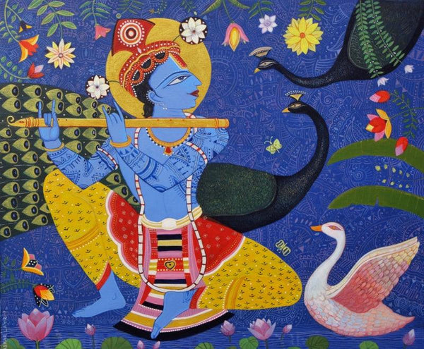 Religious acrylic painting titled 'Muralidhar 2', 30x36 inches, by artist Bhaskar Lahiri on Canvas