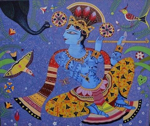 Religious acrylic painting titled 'Muralidhar', 30x36 inches, by artist Bhaskar Lahiri on Canvas